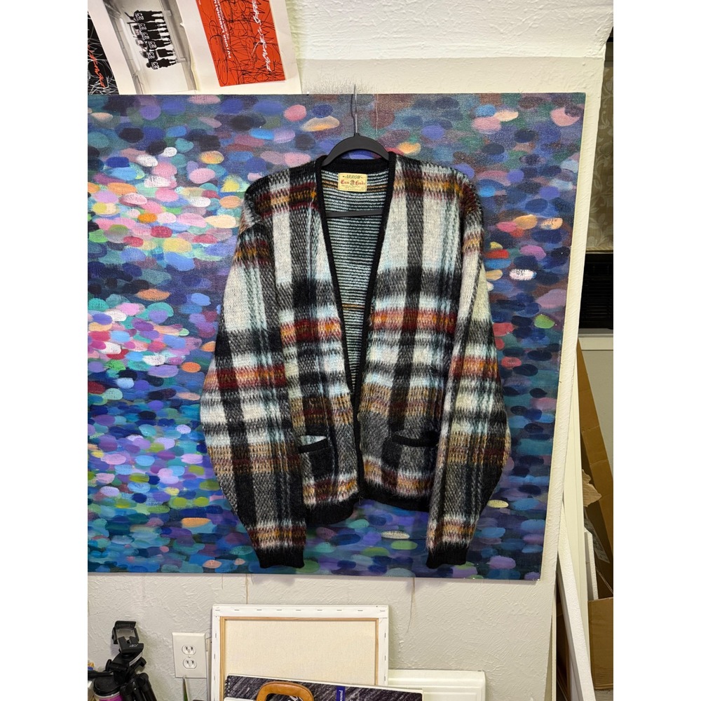 Vintage Arrow Cum Laude Plaid Cardigan Sweater Wool Blend Mohair Style Large